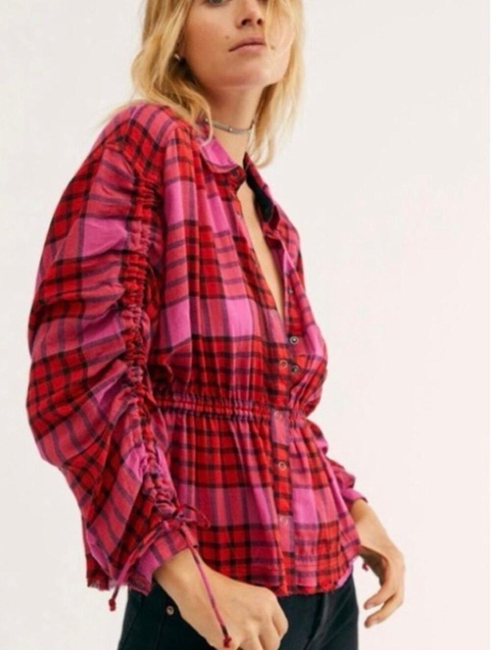 We the Free Wool Pink and Red Flannel Gathered Button Up Ruffle Boho XS